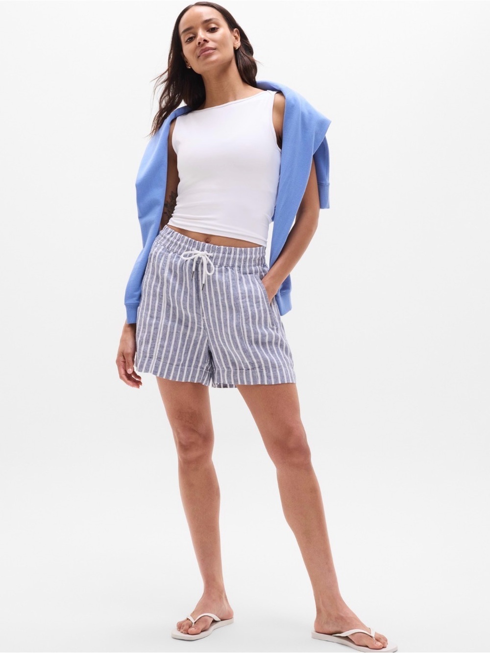 NWT Athleta Retreat Linen Shadow Blue Stripe Shorts Size XXS (#851045)